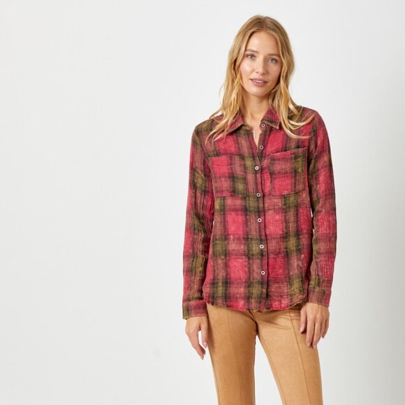 MYSTREE Plaid Button-Up Flannel Shirt, Red Olive Check Long Sleeve Top - Picture 7 of 8
